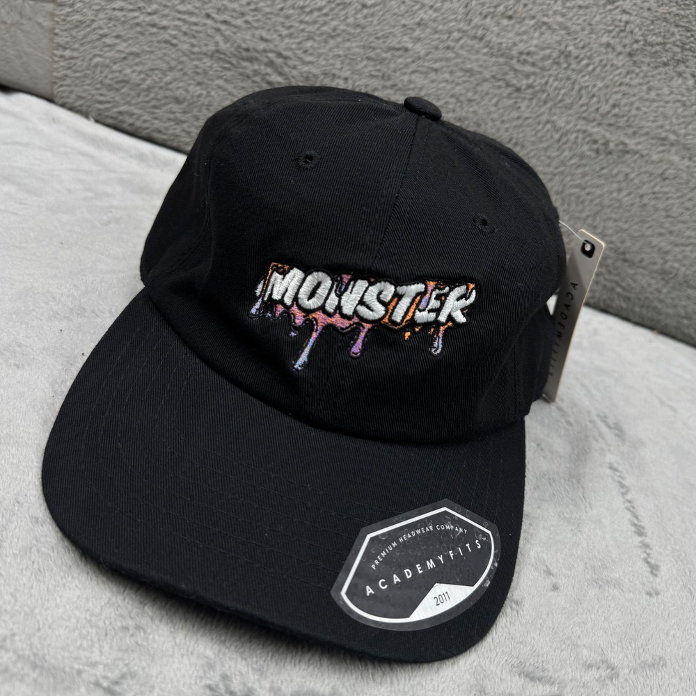 Academy Fits Monster Drip Hat Mens OSFM Black New Embroidered Dad Cap Strapback